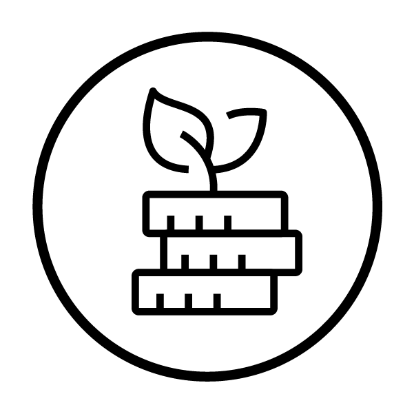 Icon for Grants & Funding. An outline depiction of stacked coins with a plant sapling growing out of the top. Enclosed in a keyline outer circle