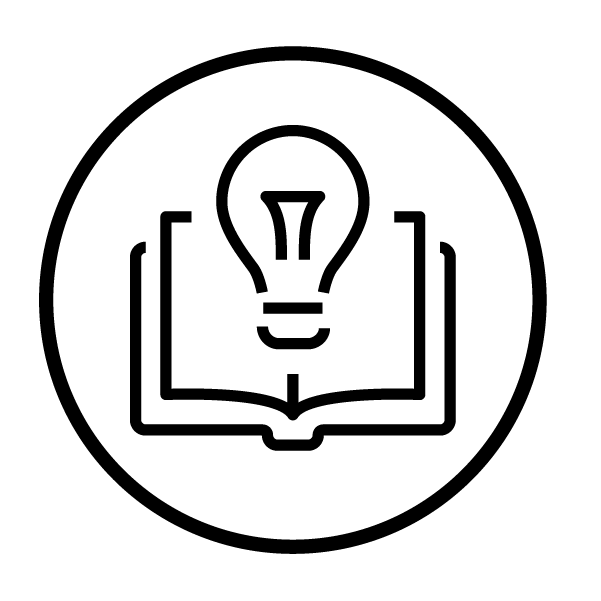 Icon for Research Resources. An outline depiction of a light bulb in the centre spine of an open book. Enclosed in a keyline outer circle
