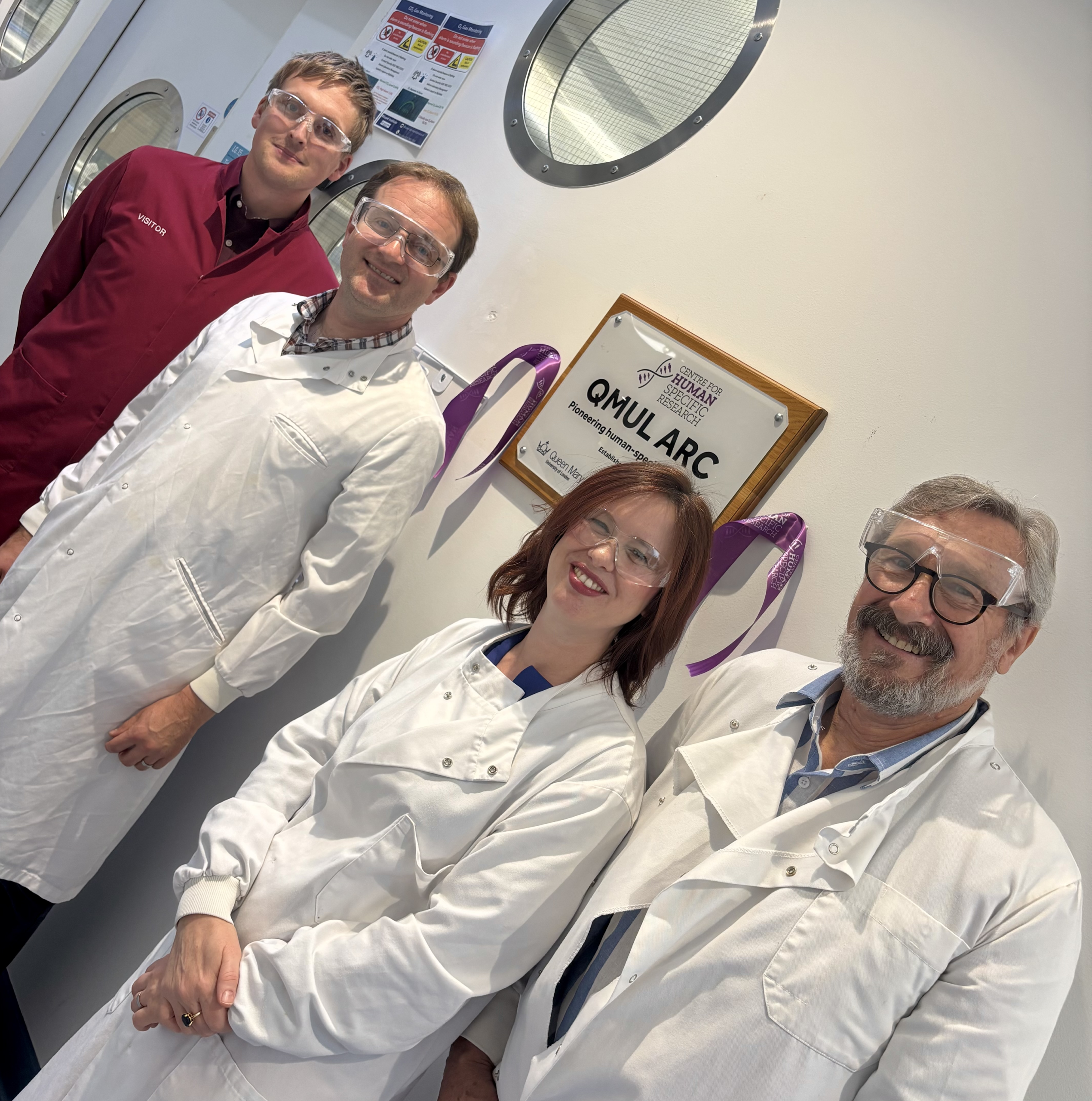 Dr Ross Dobie, Dr Adrian Biddle, Carla Owen and Professor Geoff Pilkington with the QMUL ARC plaque